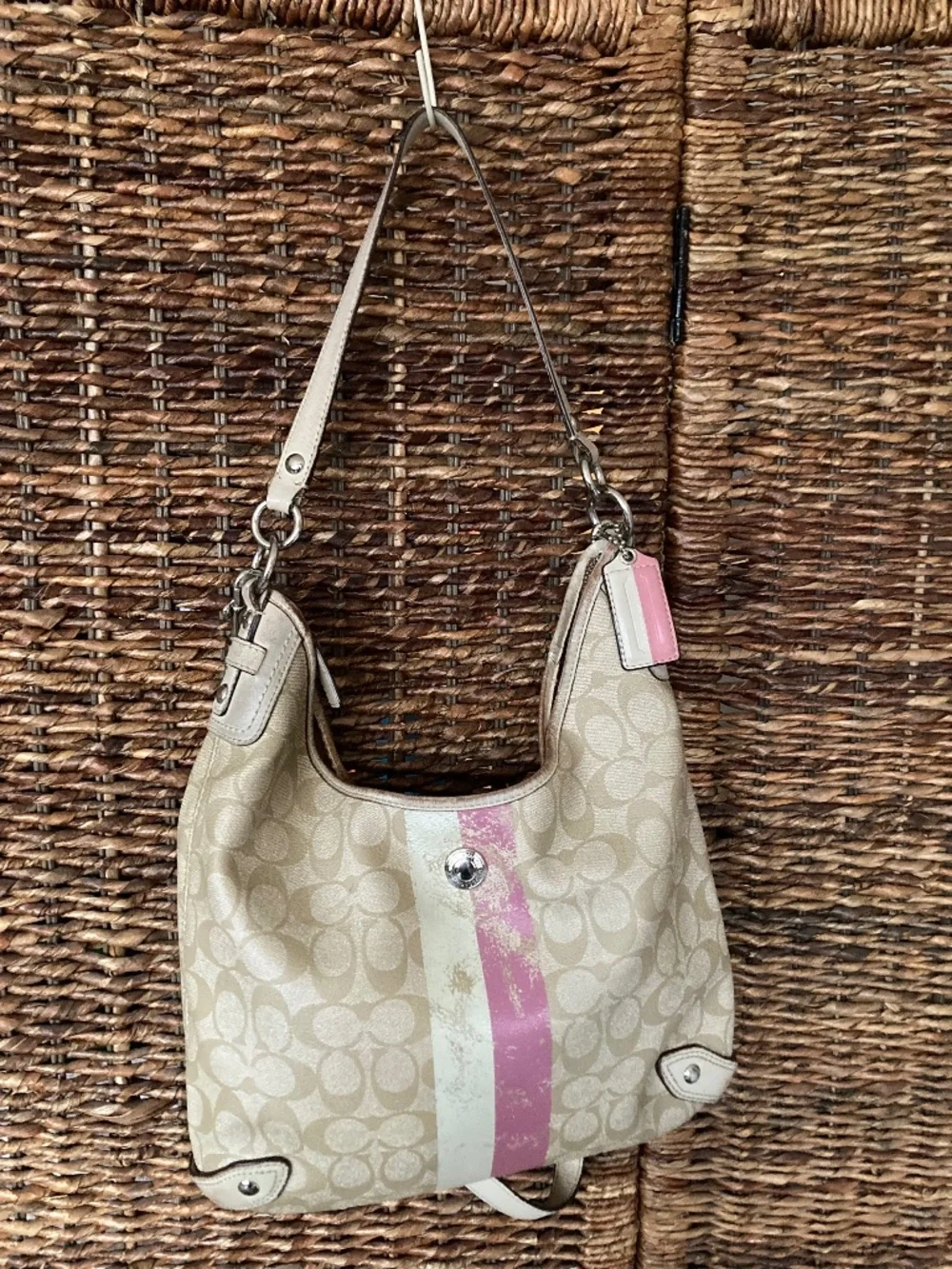 Coach Hobo Shoulder/Crossbody bag, Pink/White stripe